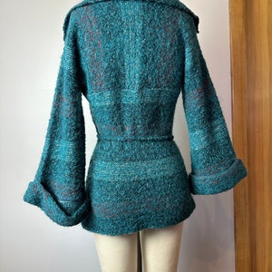 Vintage 70s wool knit sweater snug fit shawl collar teal green nubby wooly plaid belted waist cuffed belled sleeves Size Small image 4