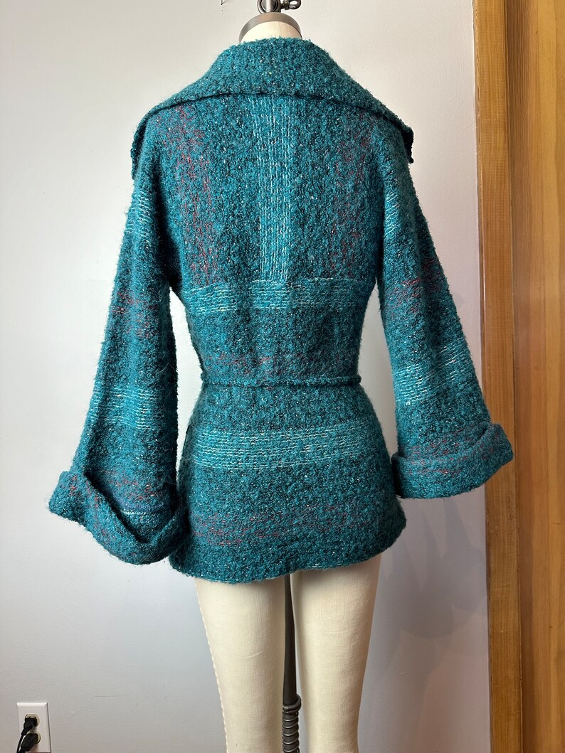 Vintage 70s wool knit sweater snug fit shawl collar teal green nubby wooly plaid belted waist cuffed belled sleeves Size Small image 4