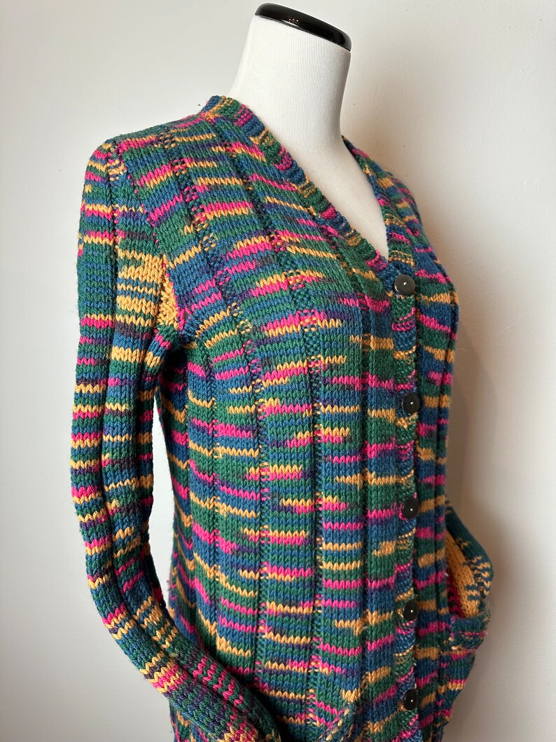 Vintage hand made sweater 1970s v-neck cardigan with pockets Boho patchwork style weave colorful fitted long ribbed wool size Mediumish image 10