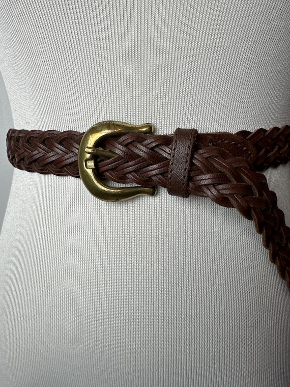 小物 1990s archive laces design lether belt 90's Braided Leather Belt~ Dark Brown With Brassy Buckle