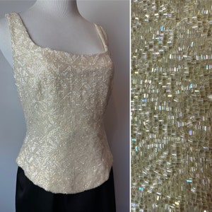 90’s fitted beaded 100% silk top~ elegant corset style sleeveless low cut special occasion embellished / size small