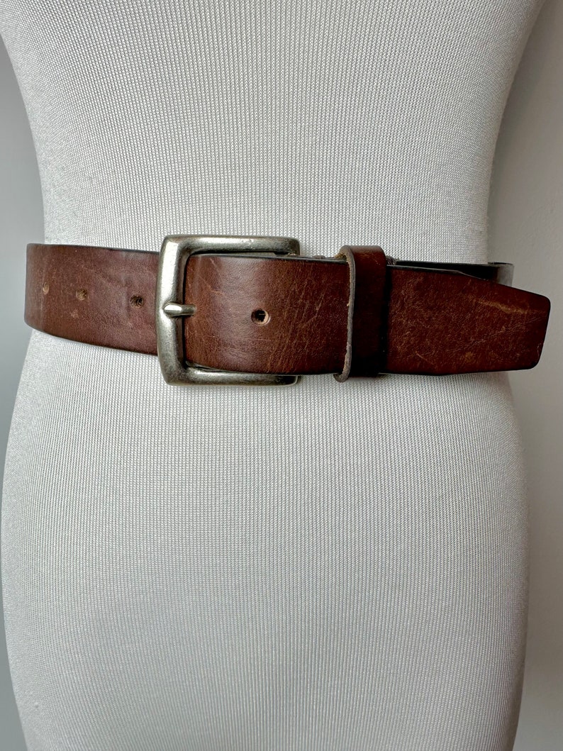 90s wide brown leather belt with silver tone square buckle rustic rocker style unisex androgynous hipster belts size Large 3438 image 6