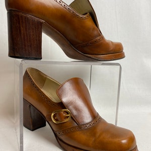 Sexy 70s chunky heel platform style shoes chestnut leather womens heels buckle slip on wide heel smaller size petite image 2