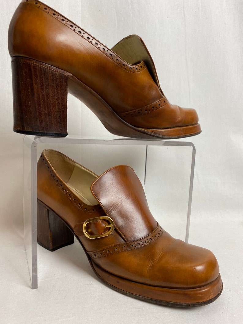 Sexy 70s chunky heel platform style shoes chestnut leather womens heels buckle slip on wide heel smaller size petite image 2