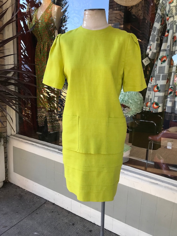 80’s Neon Chartreuse structured linen dress~ Moder