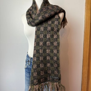 Vintage wool checker plaid scarf nubby texture thick scarves fringe mossy greens blush tone block plaid image 3