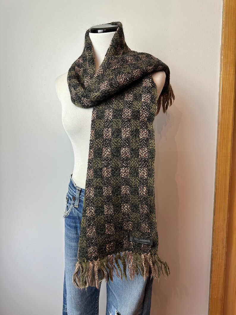 Vintage wool checker plaid scarf nubby texture thick scarves fringe mossy greens blush tone block plaid image 3