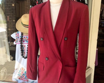 90's 100% Silk Blazer~ burgundy red Hugo Buscati boyfriend jacket~ rolled collar vintage 80's-90’s silky cranberry S/M