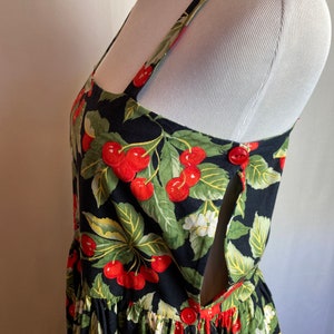 Vintage cotton sundress 80s 90s cherry cherries sweet pinup halter bibbed style frock pleated fitnflare black & red/ XSM image 2