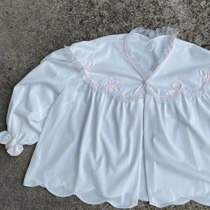50s Sweet sheer white bed jacket pale pink piping lacy frilly neckline rockabilly pinup style 1950s size large/ open size image 8