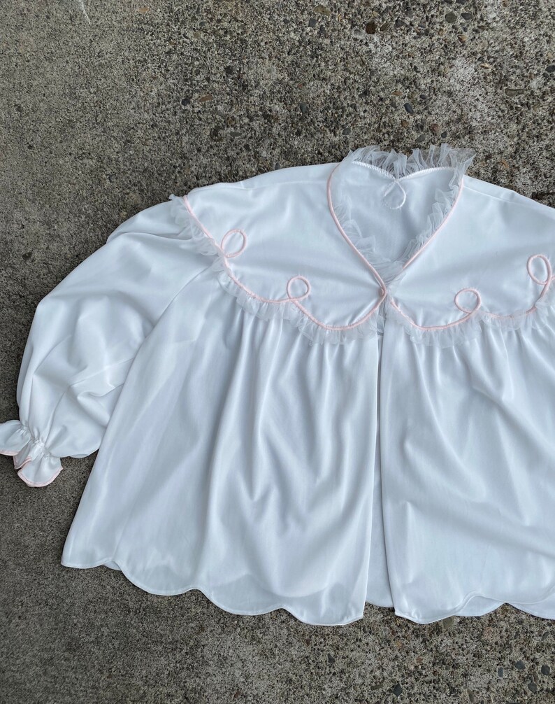 50s Sweet sheer white bed jacket pale pink piping lacy frilly neckline rockabilly pinup style 1950s size large/ open size image 8