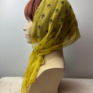 Vera 100% crepe silk scarf/ Fleur-des-lis print/yellow & black sheer long thin neck scarves head scarf neckerchief image 2