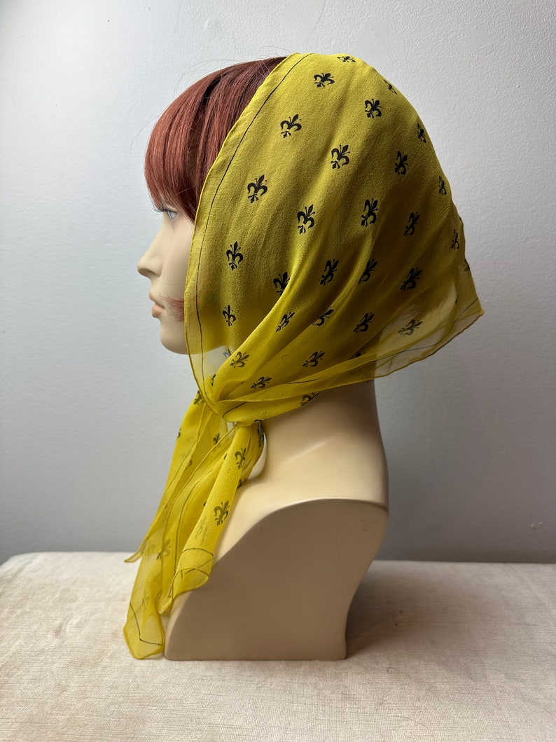 Vera 100% crepe silk scarf/ Fleur-des-lis print/yellow & black sheer long thin neck scarves head scarf neckerchief image 2