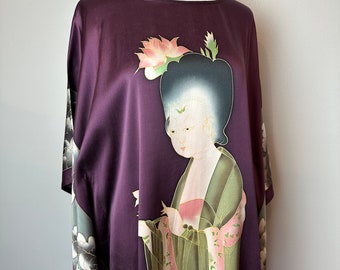 Beautiful 100% silk kimono long dress~ silky eggplant purple  painted Asian insp silkscreen print Geisha figure/ kaftan open size XL plus