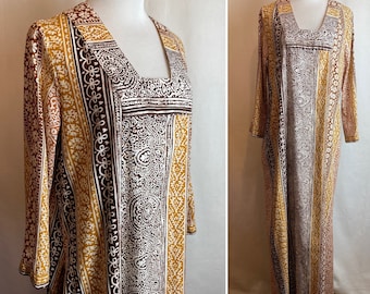 60’s long maxi dress~ 100% cotton kaftan neutral tone brown golden tiki print boho hippie sunny 1960s 1970s size Medium