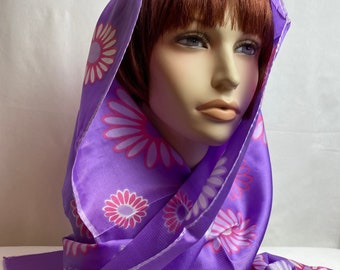 60’s Mod flower- power purple & pink daisy print extra long rectangular scarf Nordstrom’s Best true vintage Groovy colorful