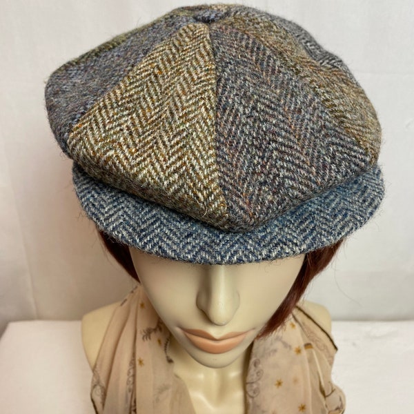 70’s Harris Tweed herringbone tweedy wool cap~ British newspaper boy style multicolored woven groovy hat Unisex androgynous /size Large