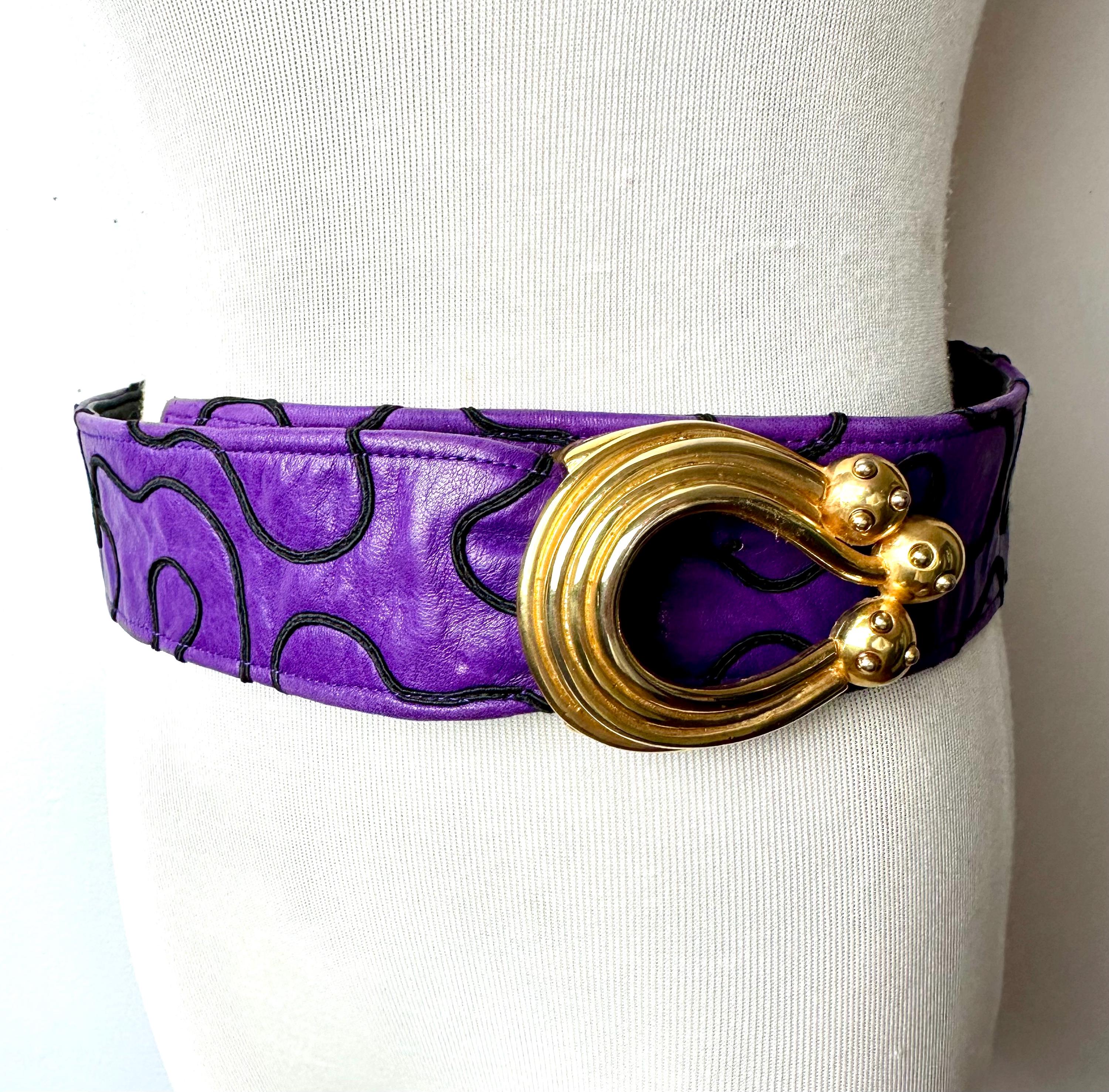 Vintage 80s Purple Leather Belt: Wide Glam Rock Gold Buckle  display picture 2
