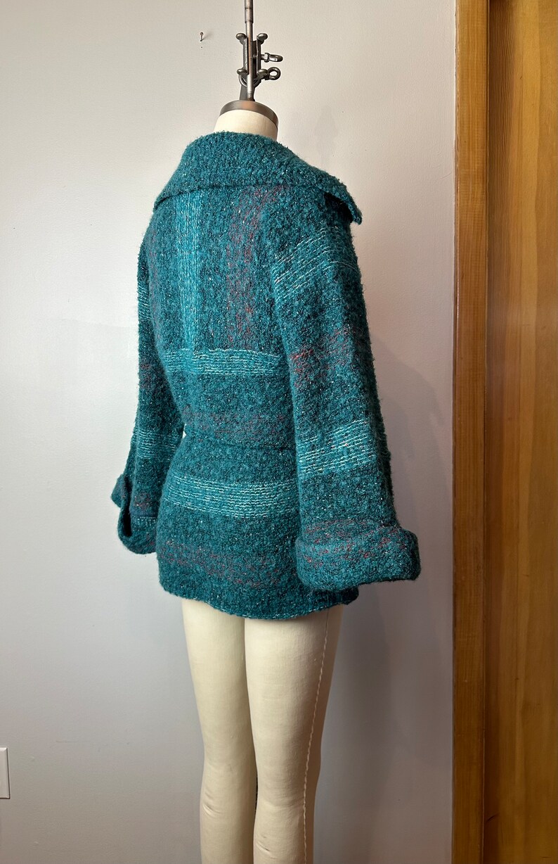 Vintage 70s wool knit sweater snug fit shawl collar teal green nubby wooly plaid belted waist cuffed belled sleeves Size Small image 2