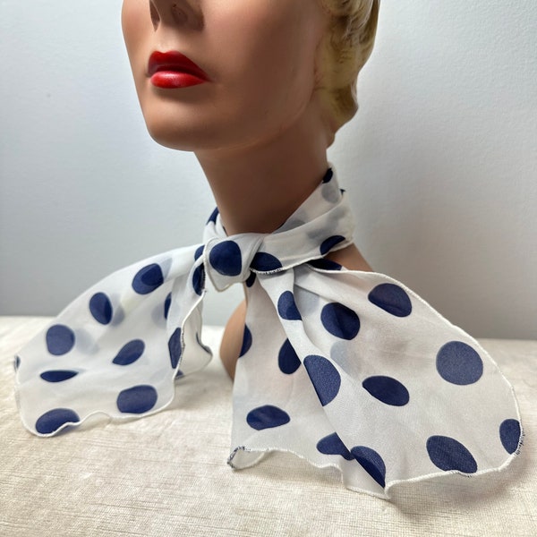 60’s neck scarf Pussycat bow~ sheer white big blue polkadots~ vintage scarves neck ties Retro mod women’s fashion~ short neckerchief