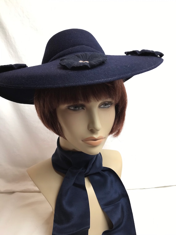 40’s wide brim hat navy blue felt~ pinup style ww… - image 7