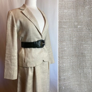 Vintage linen suit~ blazer & skirt set~ fitted waist pleated a line skirt~ raw linen color beige size 27” waist