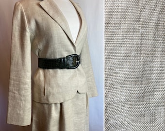Vintage linen suit~ blazer & skirt set~ fitted waist pleated a line skirt~ raw linen color beige size 27” waist