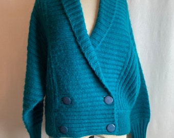 90’s Cardigan sweater IB Diffusion label~ 100% wool ribbed double breasted oversized cropped knit Teal green Aqua marine jewel tone Size M