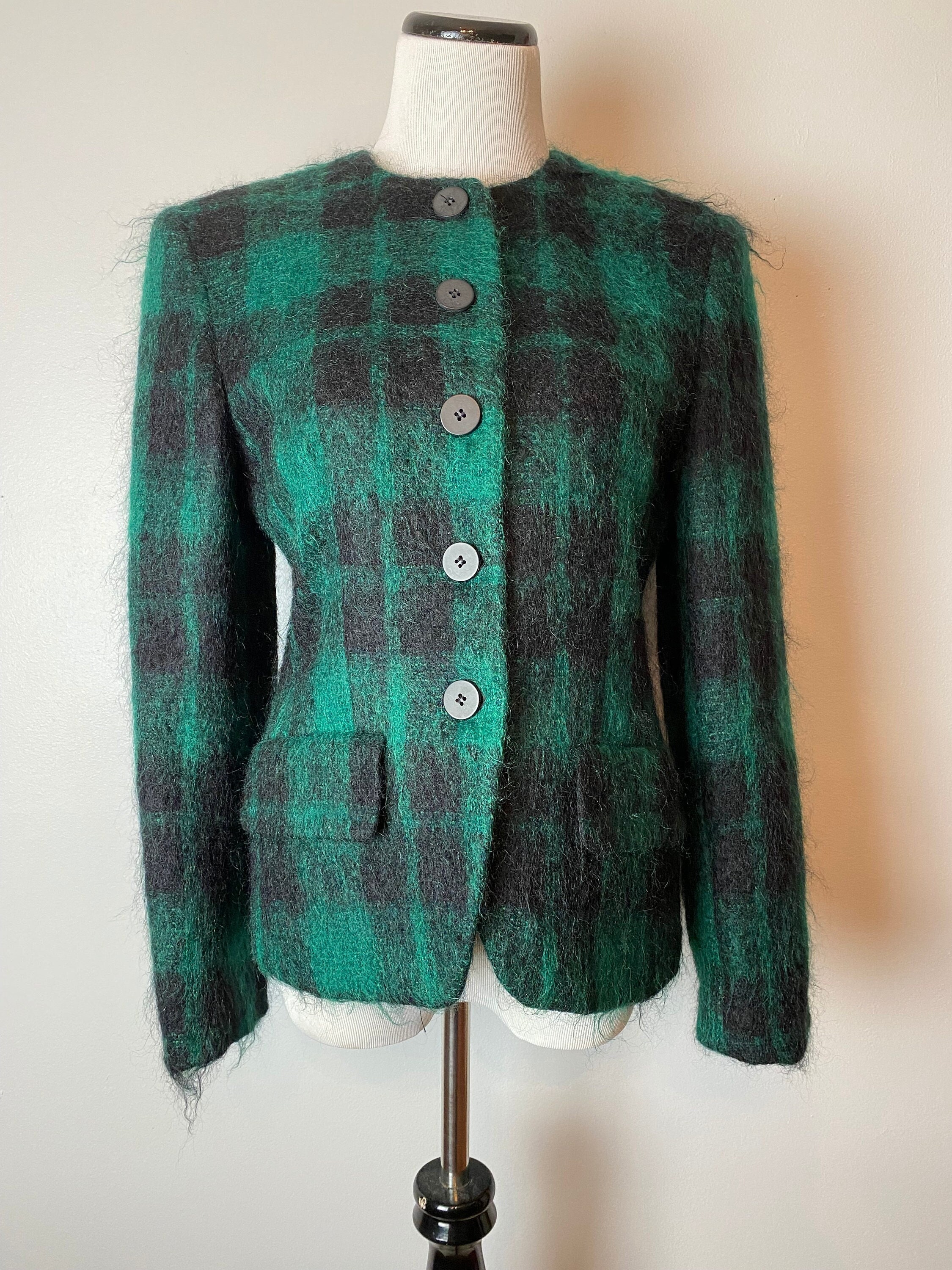 90’s Mohair blazer black & green block plaid checker~ Hipster hairy grunge style mod fitted women's suit jacket size 4-6