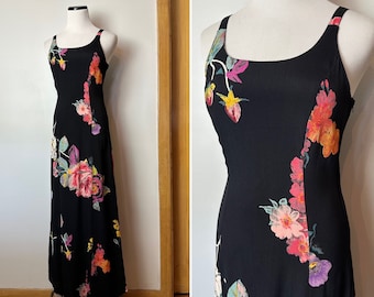 Black Rayon floral dress~ extra cinched waist long bias cut~ 40’s inspired slip dress~ sleeveless/ size small