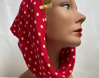 40’s 50’s cherry red polkadot head scarf cold rayon funnel neck scarves ~vintage neck gaiter ~ pinup rockabilly style