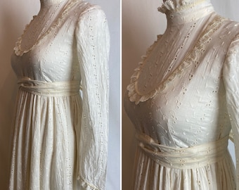 70’s boho wedding gown cotton lace Gunne sax style~ off white antique eyelets 1970’s handmade~ Victorian antique insp~ size small