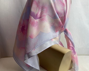 Vintage Silk scarf~ hand rolled head scarf shawl pussycat bow~ hair wrap 100% silken large square~ pastels ombre floral pink & blues
