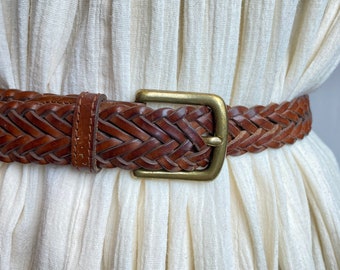 Vintage Braided woven belt thick leather long skinny boho hippie LL bean medium brown~ 90’s unisex androgynous trouser belt open size 38 XL