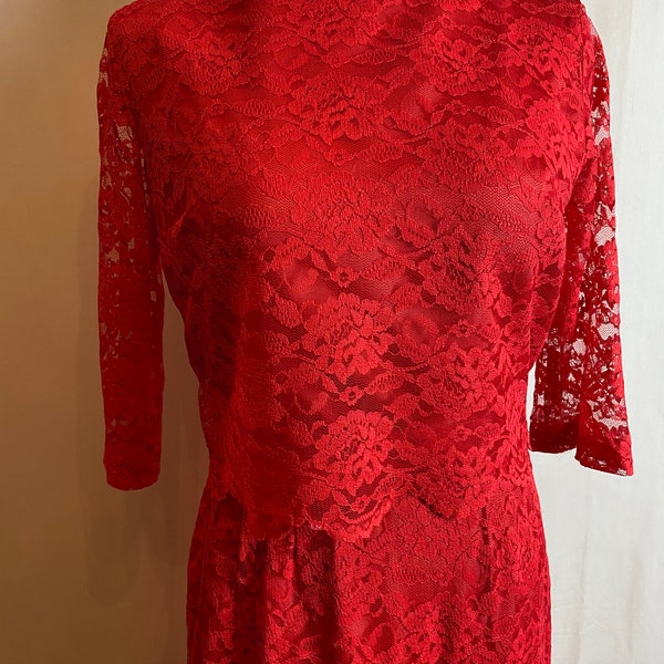 60’s Coral red  lace dress~ pencil skirt with cropped layered top~ 1960’s Mod Retro set/suit Valentine’s Day dress size 26” waist/ small