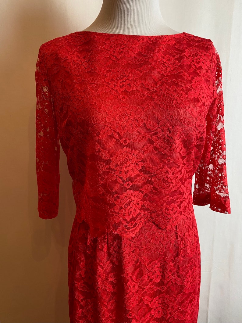 60s Coral red lace dress pencil skirt with cropped layered top 1960s Mod Retro set/suit Valentines Day dress size 26 waist/ small image 1