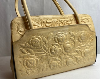 Vintage tooled leather purse floral pattern Rockabilly boho Mexican Western blonde /ivory cream natural double straps Large artesian handbag