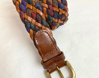 VTG woven leather textile belt colorful braided thick long skinny boho hippie  unisex androgynous trouser belt /size open to 34”