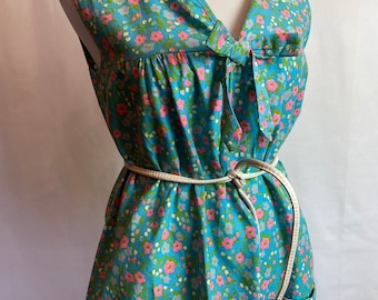 60’s mini shift dress~ A line smock sleeveless Summer dress tunic flower power micro floral print baby blue pink  size MEDIUM