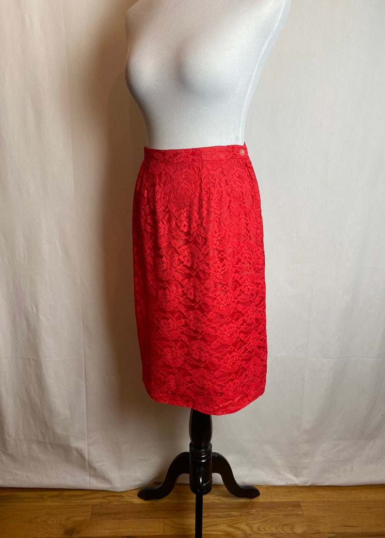 60s Coral red lace dress pencil skirt with cropped layered top 1960s Mod Retro set/suit Valentines Day dress size 26 waist/ small image 7