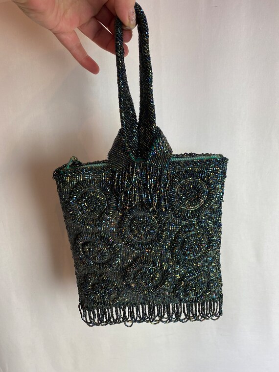 Beautiful vintage beaded bag emerald green with m… - image 4