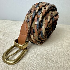 90’s Multicolor Braided Leather Belt Brass Buckle Size Small Bohemian Retro 90s Vintage Woven Leather Belt: Multicolor Earth Tones  main image 3