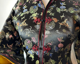 Vintage Cheongsam jacket~ Puffer coat 1960’s Chinese fashion Nehru collar frog closures~ black Red Ornate floral & Birds Embroidery/ size SM