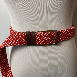 Ceinture tissée rouge et blanche VTG avec cuir/style unisexe androgyne Ceinture de pantalon skinny plus grande taille bohème taille 34/taille ouverte image 6