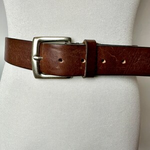 90s wide brown leather belt with silver tone square buckle rustic rocker style unisex androgynous hipster belts size Large 3438 image 2