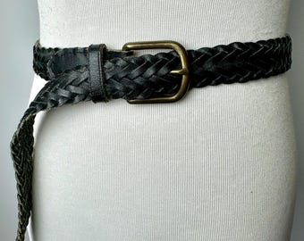 90's Black Leather Belt~ Braided Woven Boho Hippie Style
