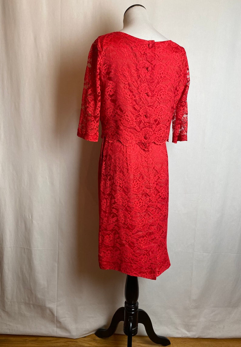 60s Coral red lace dress pencil skirt with cropped layered top 1960s Mod Retro set/suit Valentines Day dress size 26 waist/ small image 8