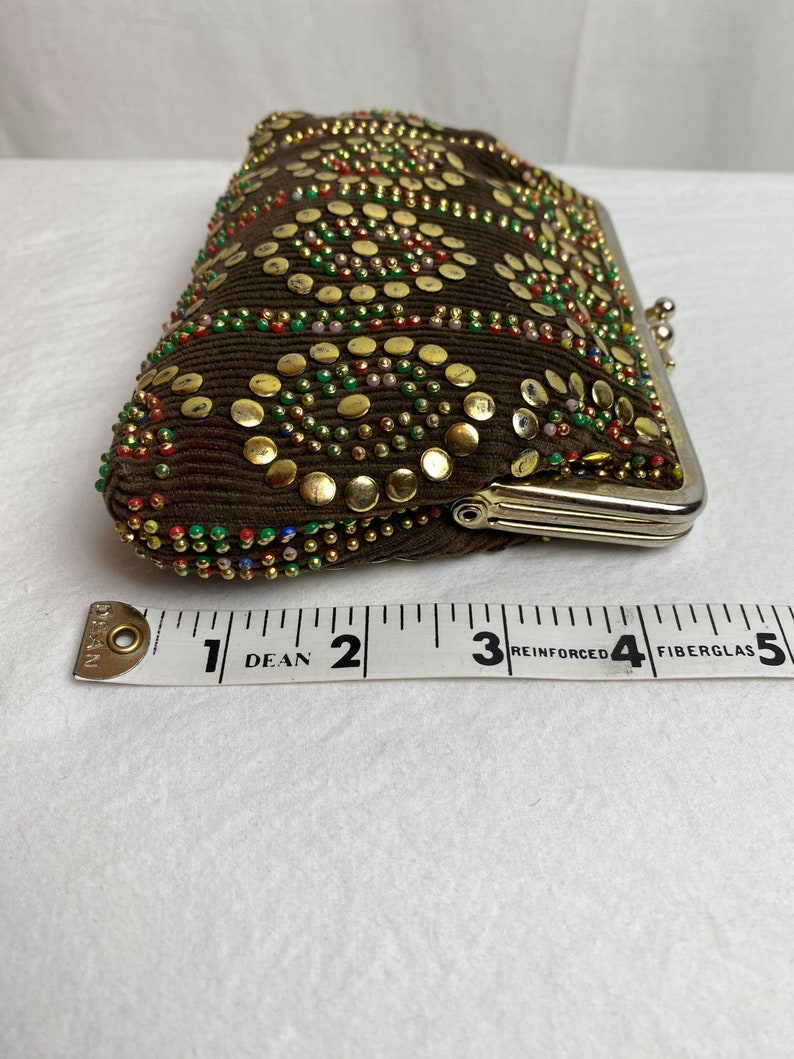 VTG 60s studded corduroy pouch small card holder accessories case brown cotton cord gold studs & beads beaded image 10