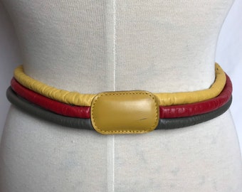 80’s 90’s puffy leather belt~ bold multi colorful stacked supple leather belt~ size 31” waist