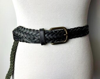 Vintage 90’s black braided leather belt leather buckle Vintage Black Braided Leather Belt: 90s Silver Buckle, Made  main image 4